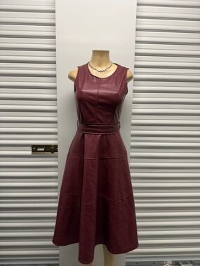 Sleeveless Faux-Leather Midi Dress in Burgundy